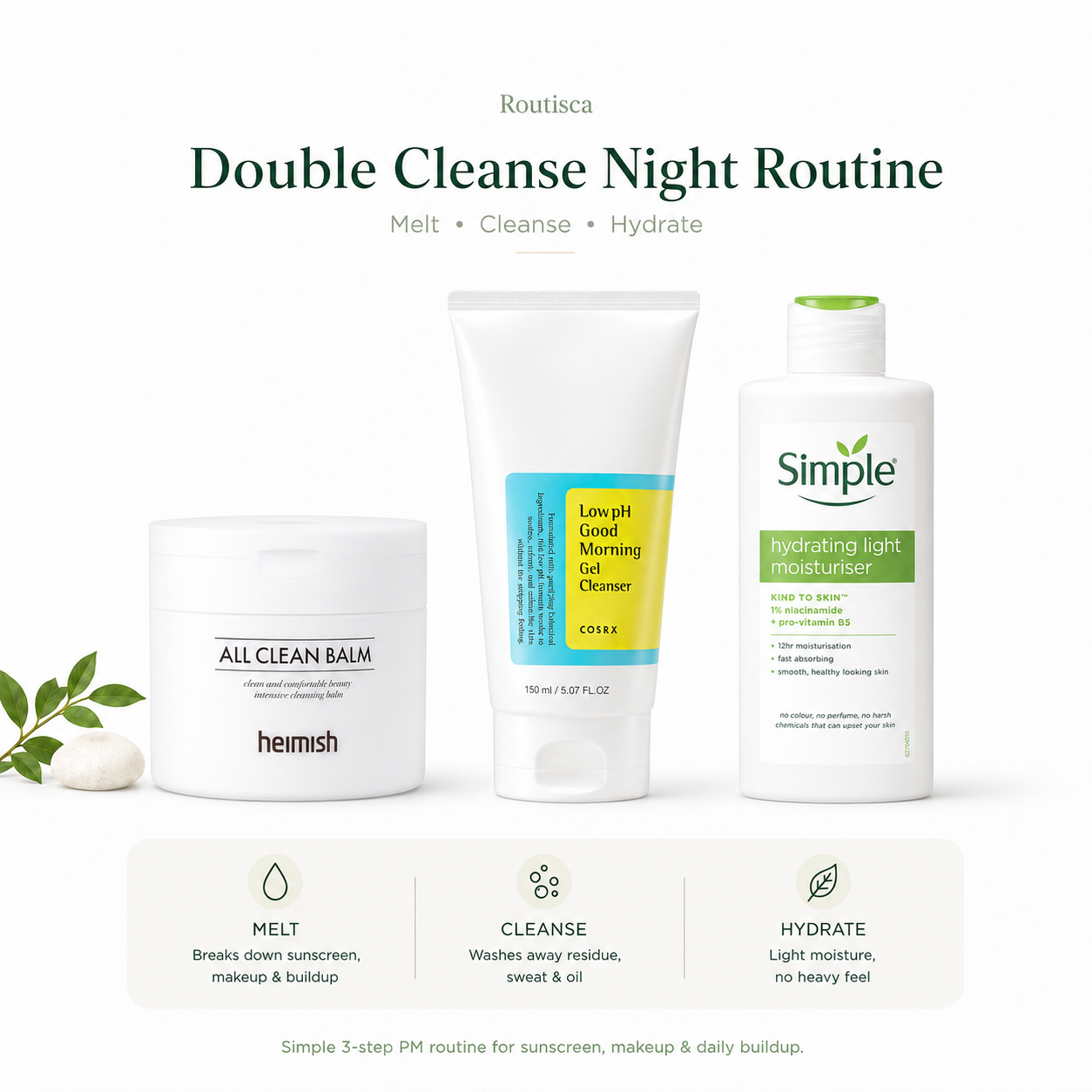 Routisca Double Cleanse Night Routine skincare kit for sunscreen and makeup removal